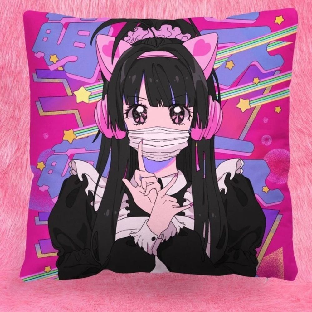 Anime 2K Animecore Cat Girl Pillow Cover in Pink